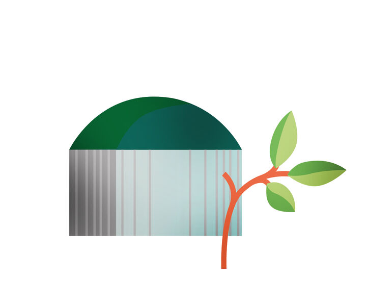Illustration einer Biogasanlage mit einer Pflanze im Vordergrund