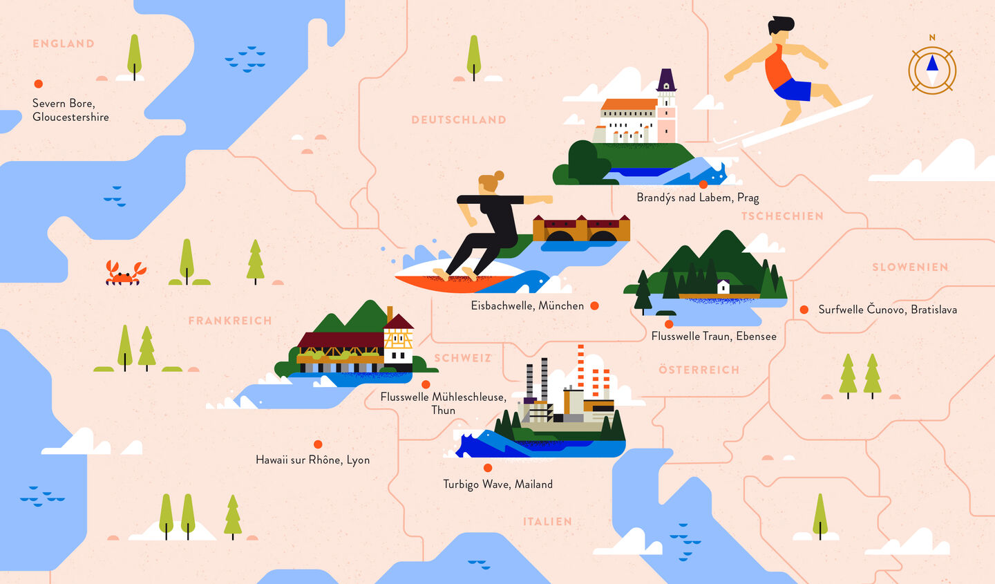 Illustration with various river surfing spots in Europe
