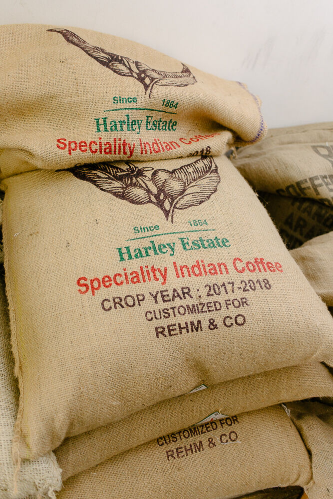 Stacked bags of Indian coffee