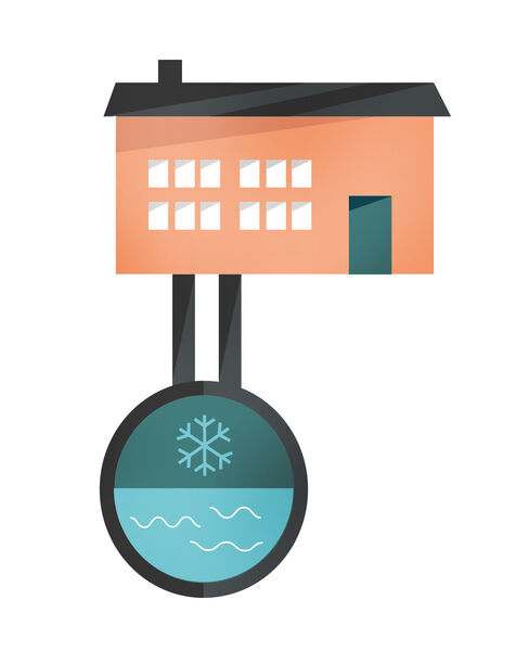Illustration zum Thema Fernkälte: Haus mit zwei Kanälen in die Erde zu einem Eistank
