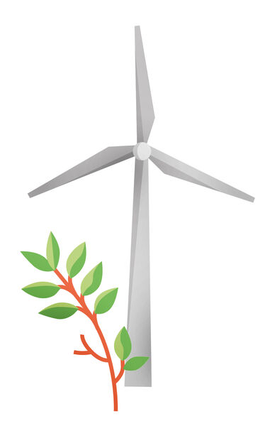 Illustration eines Windrads mit einer Pflanze im Vordergrund