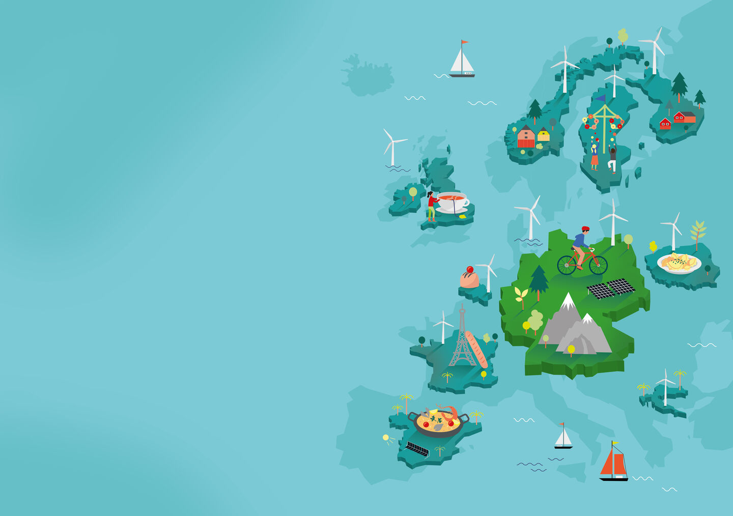 Illustration of a map of Europe with renewable energies by SWM