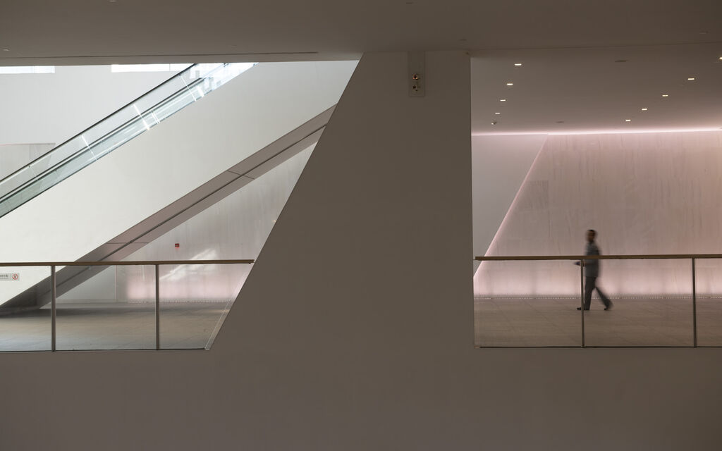 Interior view of a modern building with abstract geometric shapes