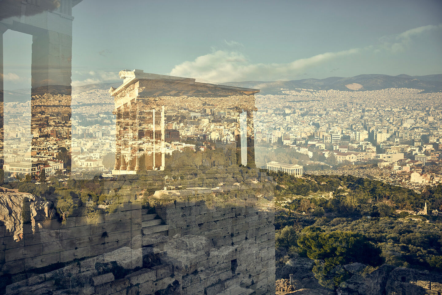 Acropolis reflected in the windscreen of the Range Rover Evoque overlooking Athens