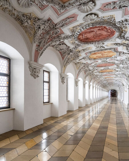 Interior view of a hall decorated with stucco in Kloster Wessobrunn