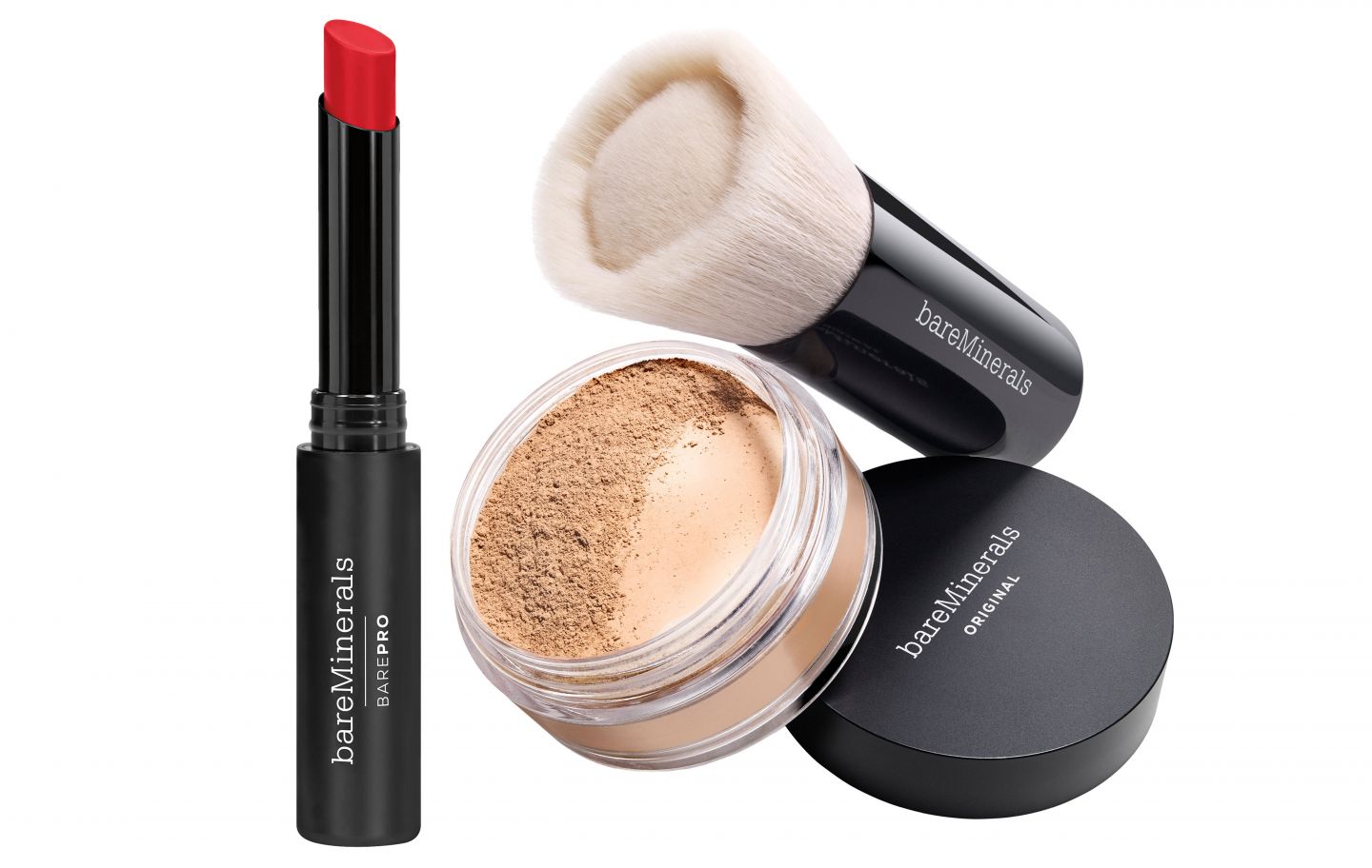 Roter Lippenstift, Puder und Puderpinsel der Marke BareMinerals