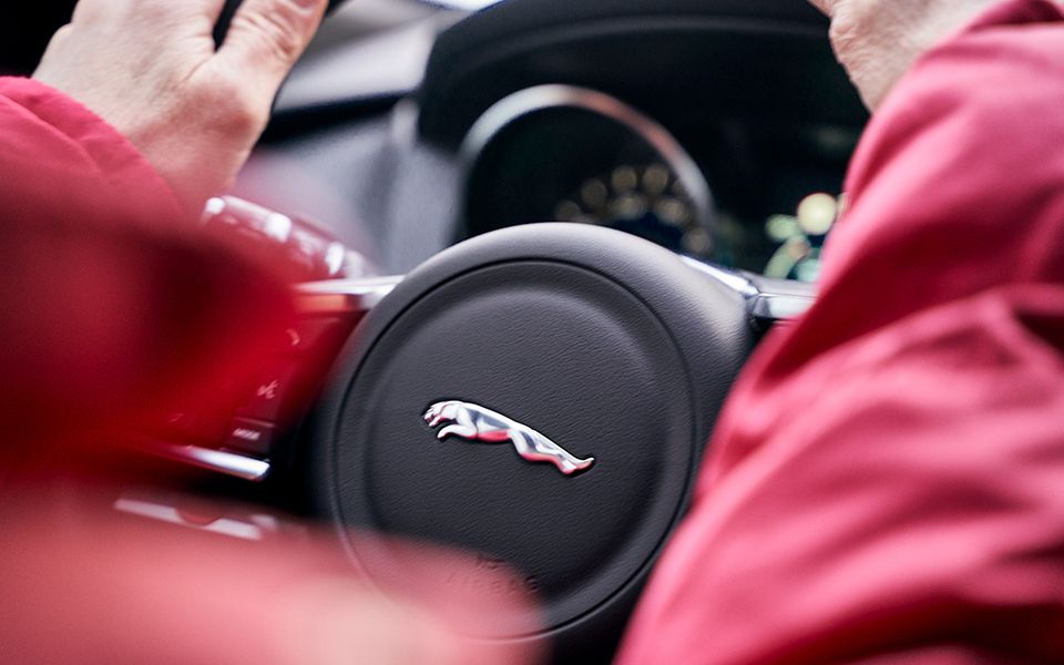 Close-up of the steering wheel of the Jaguar F-PACE