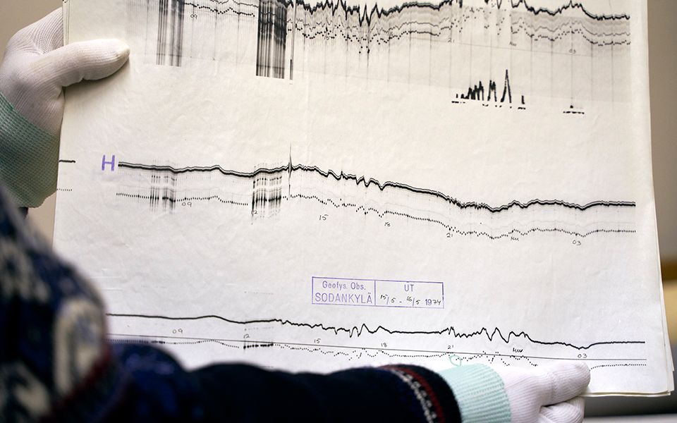 Person mit weißen Stoffhandschuhen hält wissenschaftliche Aufzeichnung zur Sichtung von Nordlichtern