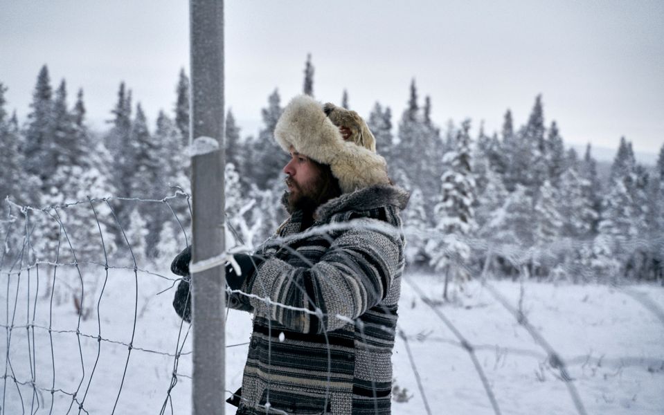 Reindeer farmer Nika at the fence of the enclosure