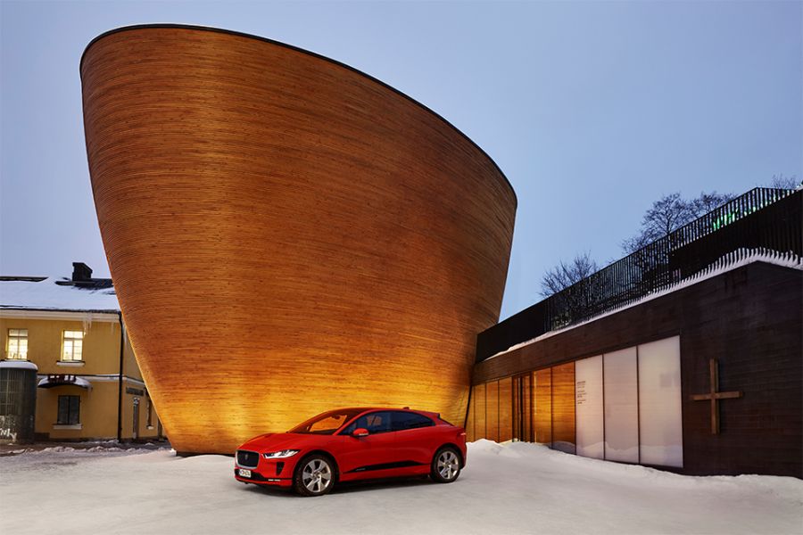 The Jaguar I-Pace in front of the Kamppi Chapel in Helsinki