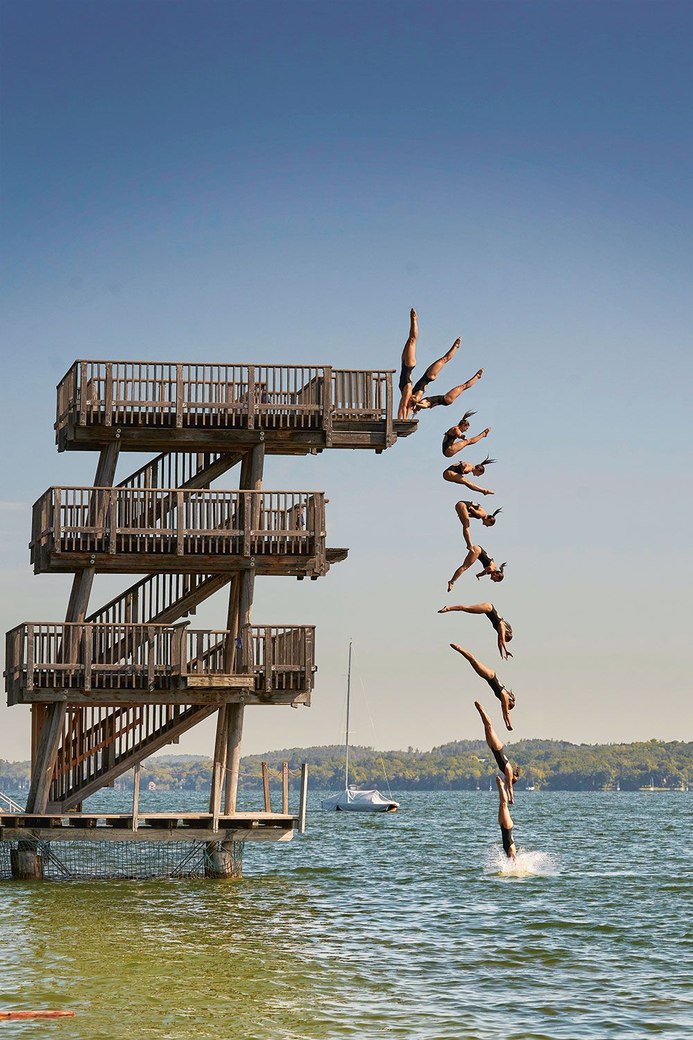 Fotomontage eines Sprung-Ablaufs von Iris Schmidbauer am Ammersee