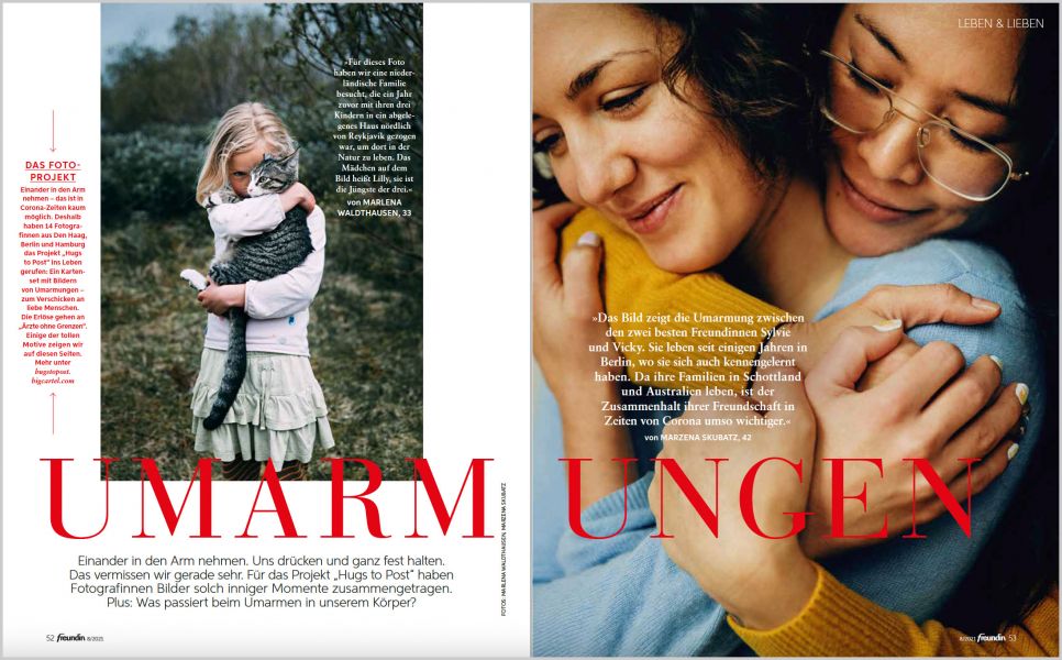 Lead story of a photo spread on the subject of "hugs" in "freundin" magazine