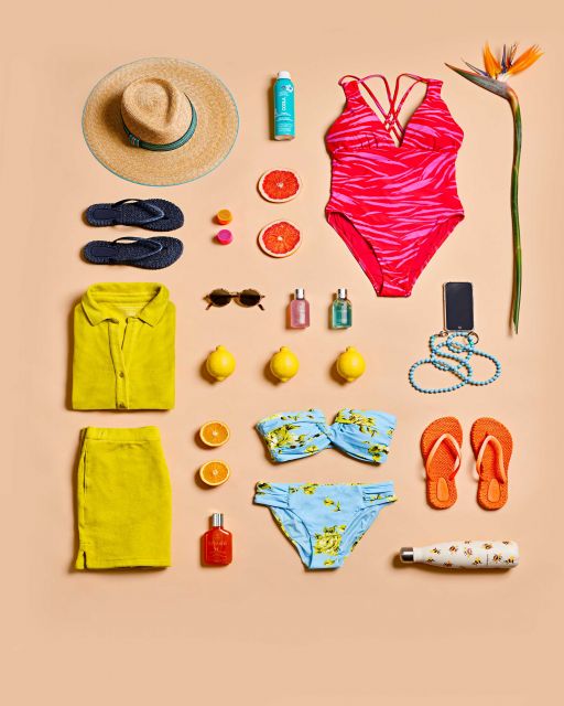 Swimwear for women, accessories and beauty on a peach background