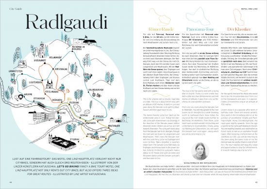 Layout of the Motel One magazine with an illustration by the artist Kartuuschka