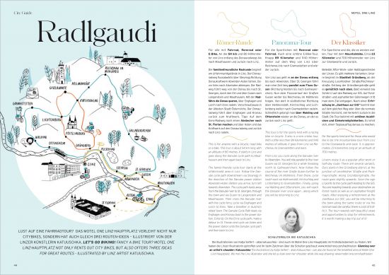 Layout des Motel One Magazins mit einer Illustration der Künstlerin Kartuuschka