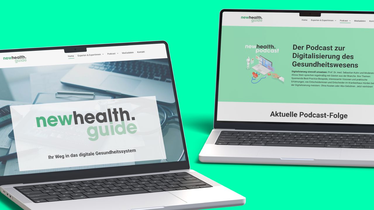 Zwei Laptops zeigen die Startseite des NewHealth.Guide und die Podcast-Seite des NewHealth.Podcast Zwei Laptops zeigen die Startseite des NewHealth.Guide und die Podcast-Seite des NewHealth.Podcast