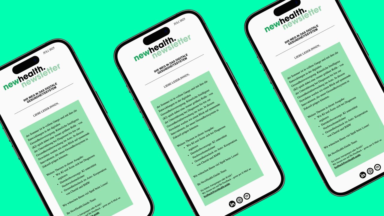 Mehrere Smartphones zeigen verschiedene Ausgaben des NewHealth.Newsletters Mehrere Smartphones zeigen verschiedene Ausgaben des NewHealth.Newsletters