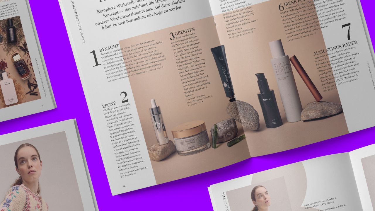 Spread double page of Ludwig Beck magazine presenting beauty products against a beige background
