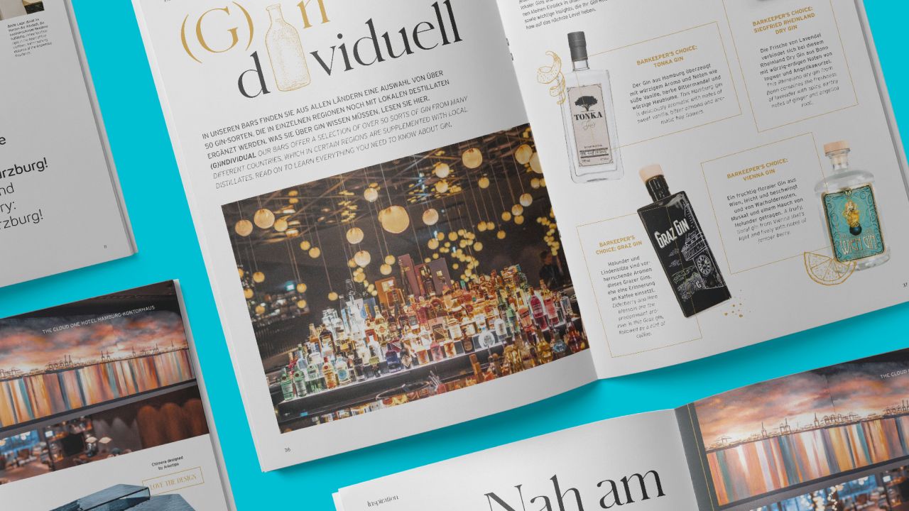 An open double page from Motel One's One Design magazine shows articles with photos of a hotel bar and various gin bottles