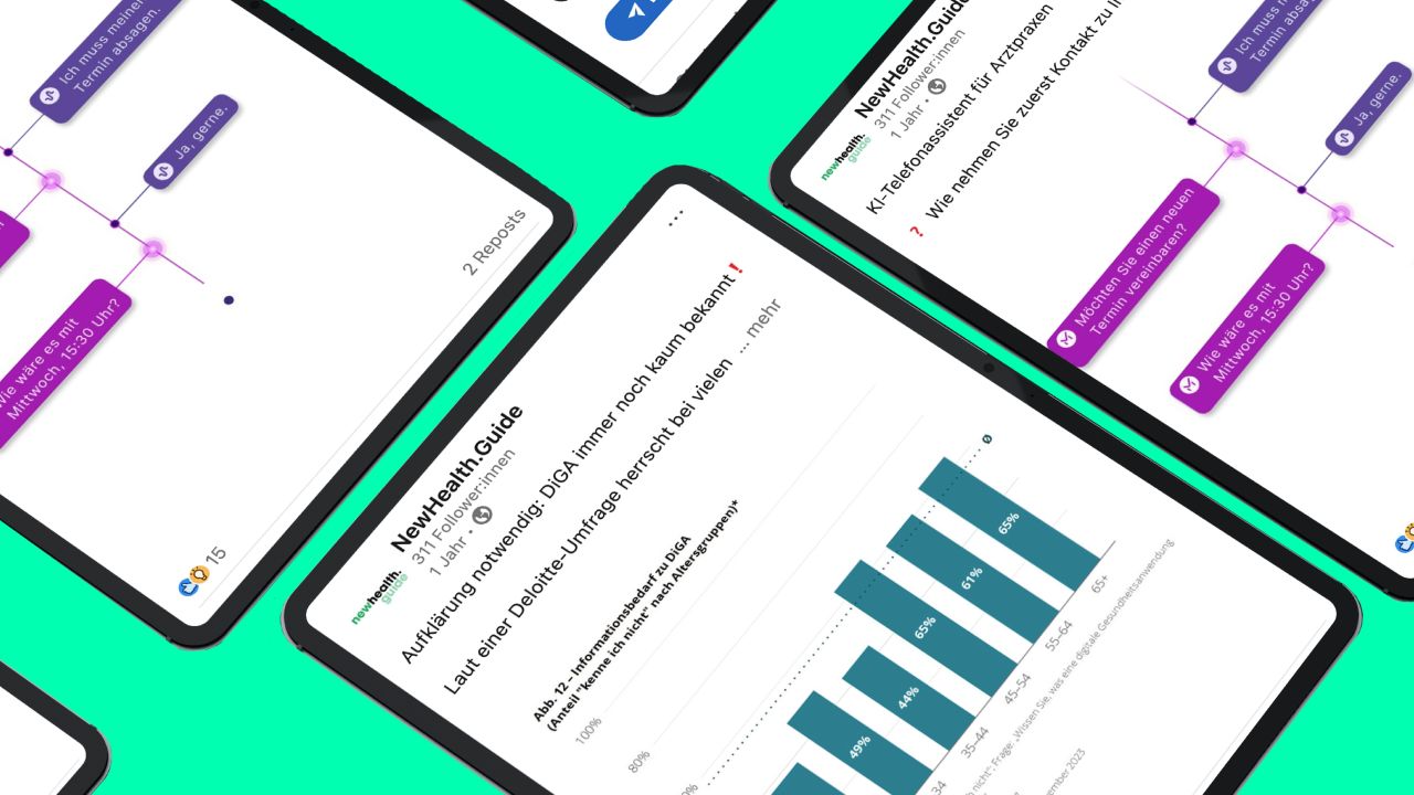 Mehrere Tablets zeigen Social-Media-Posts des NewHealth.Guide auf LinkedIn Mehrere Tablets zeigen Social-Media-Posts des NewHealth.Guide auf LinkedIn