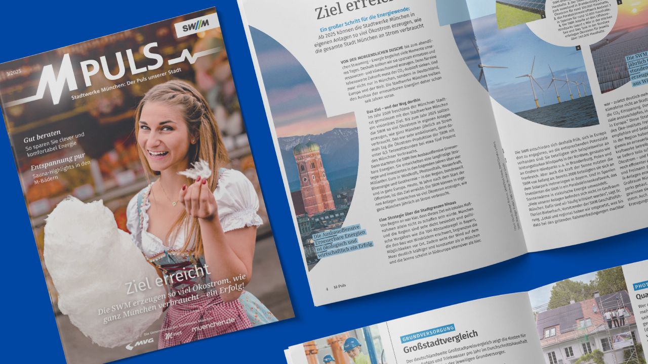 Cover des SWM M-PULS Magazins mit einer lächelnden Frau in Tracht, die Zuckerwatte hält, und eine aufgeschlagene Doppelseite zum Thema Energiewende in München