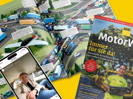 Cover und aufgeschlagene Ausgabe der ADAC Motorwelt neben iPhone, das Instagram-Post mit Schauspieler Hans Sigl zeigt