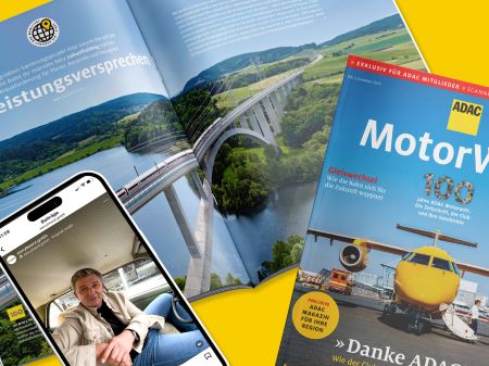 Cover and open issue of ADAC Motorwelt next to iPhone showing Instagram post featuring actor Hans Sigl