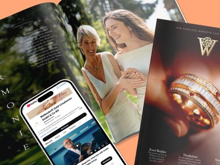 Cover and double page from the Wellendorff Family Magazine 2025 featuring a smartphone showing a YouTube video on the Wellendorff channel, arranged on an orange background.