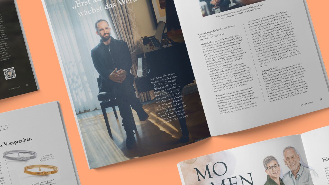 Double page spread in the Wellendorff Family Magazine 2025 featuring a full-page portrait of pianist Igor Levit and accompanying text.
