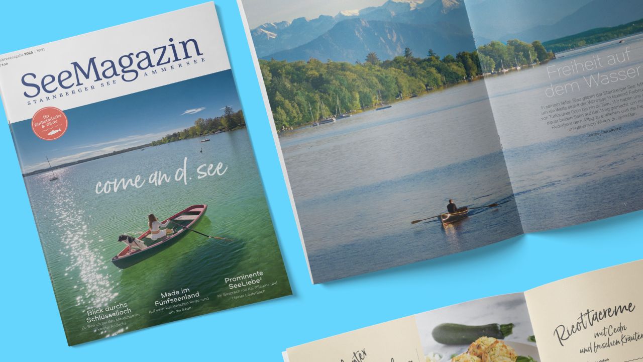 Cover of SeeMagazin 2025 and an open double page showing a photo scene with a rowboat on the water.