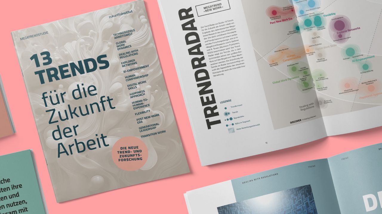 Cover of the megatrend study: Future of Work by the Zukunftsinstitut with an open double page spread featuring infographics