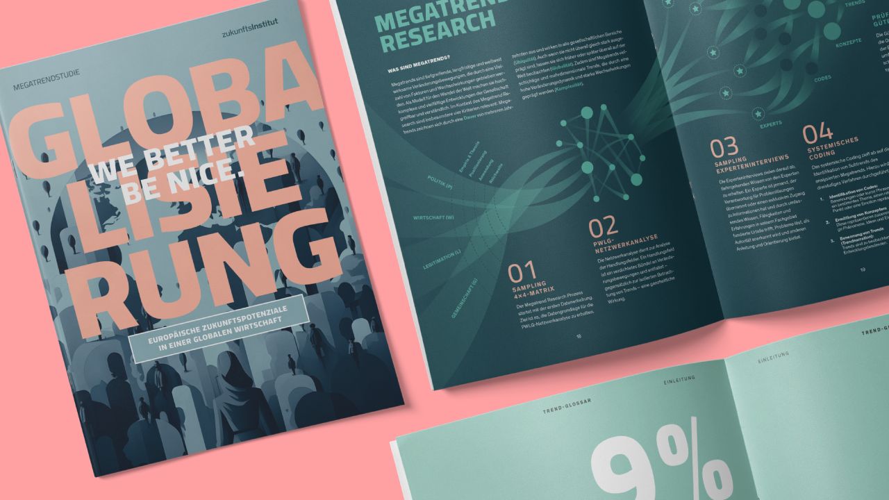 Cover of the Zukunftsinstitut's “Megatrend Study on Globalization” with an open double page spread featuring infographics