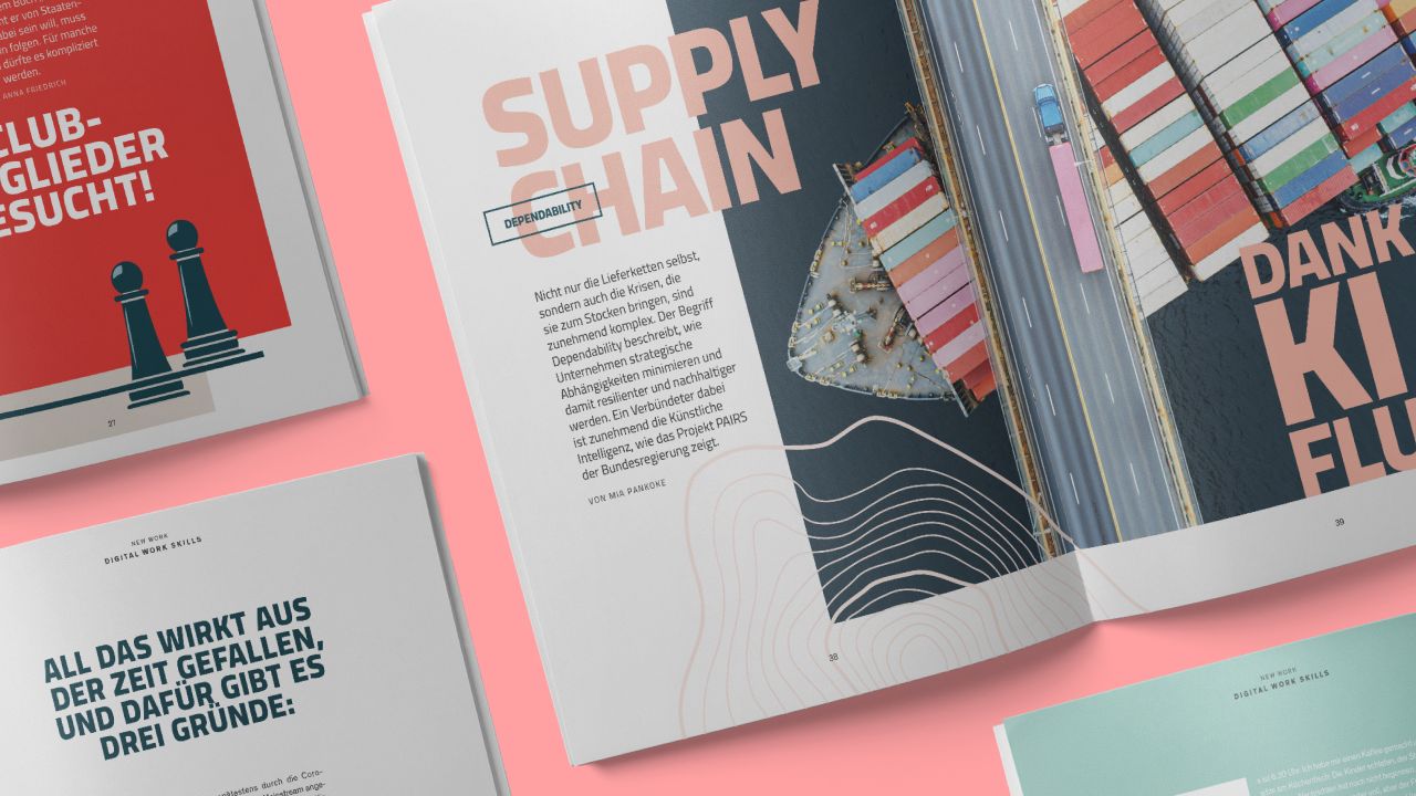 Spread from the Zukunftsinstitut's “Future Report 2024” with aerial view of shipping containers in a port