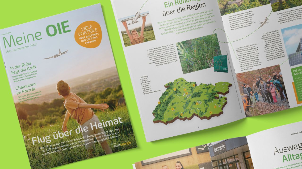 Two copies of the print customer magazine "Meine OIE", showing the cover and an inside page with a map of the region.
