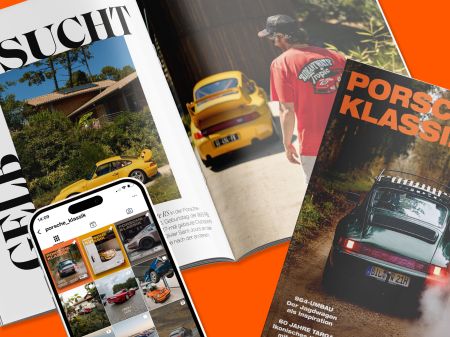 Cover und aufgeschlagene Doppelseite der PORSCHE KLASSIK Magazin Ausgabe 32 und Smartphone mit dem PORSCHE KLASSIK Instagram-Feed auf orangefarbenem Hintergrund