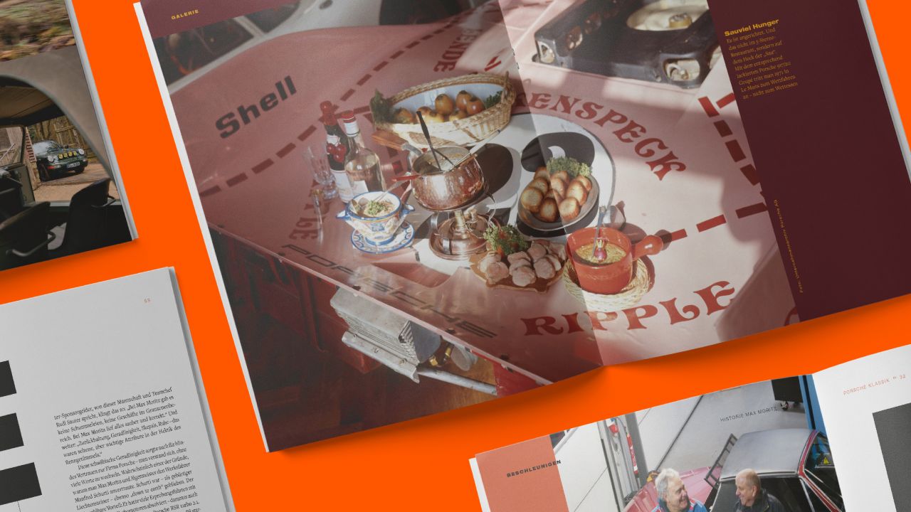 Two double pages of PORSCHE KLASSIK magazine on an orange background