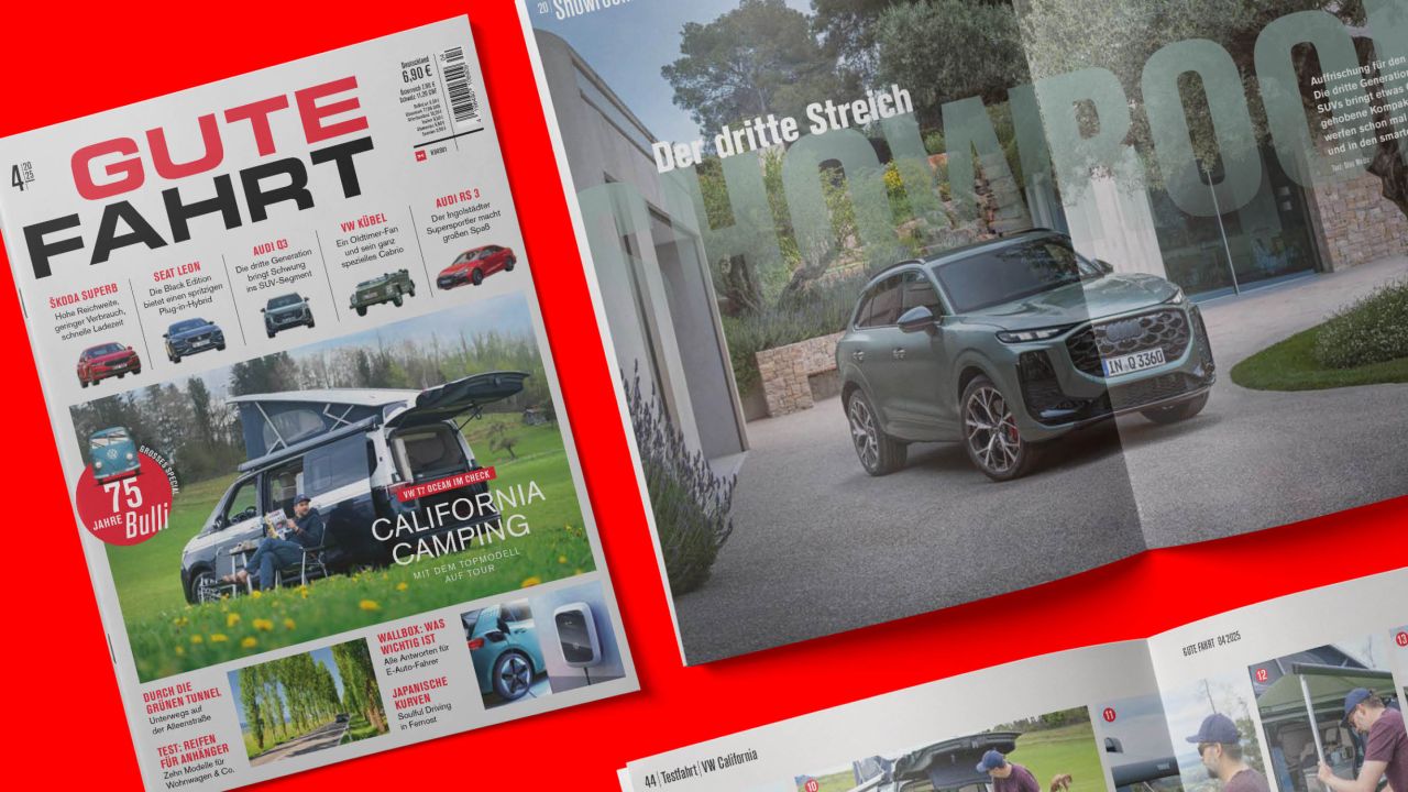 Cover und aufgeschlagene Exemplare des GUTE FAHRT Print-Magazins aus der Vogelperspektive Cover und aufgeschlagene Exemplare des GUTE FAHRT Print-Magazins aus der Vogelperspektive