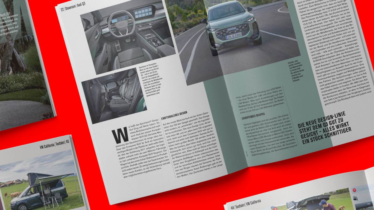 Mehrere aufgeschlagene Exemplare des GUTE FAHRT Print-Magazins aus der Vogelperspektive Mehrere aufgeschlagene Exemplare des GUTE FAHRT Print-Magazins aus der Vogelperspektive