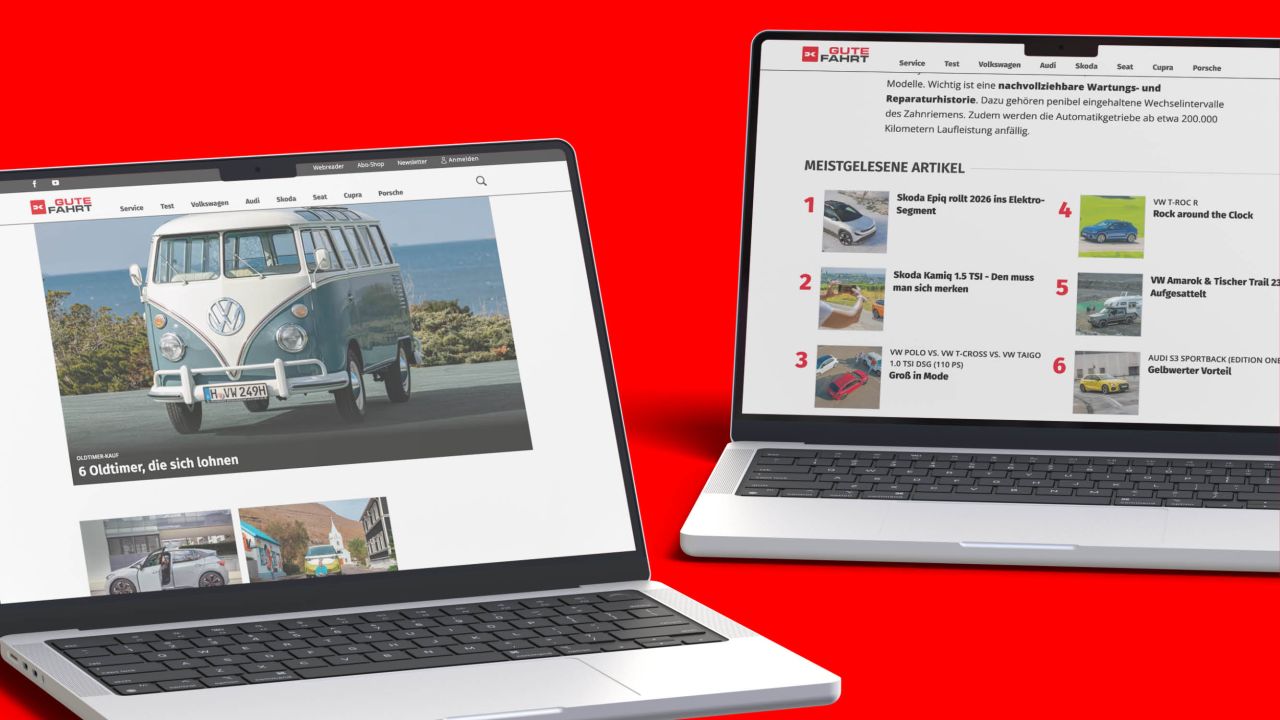 Zwei Laptops vor rotem Hintergrund, die verschiedene Inhaltsseiten der GUTE FAHRT Website anzeigen Zwei Laptops vor rotem Hintergrund, die verschiedene Inhaltsseiten der GUTE FAHRT Website anzeigen