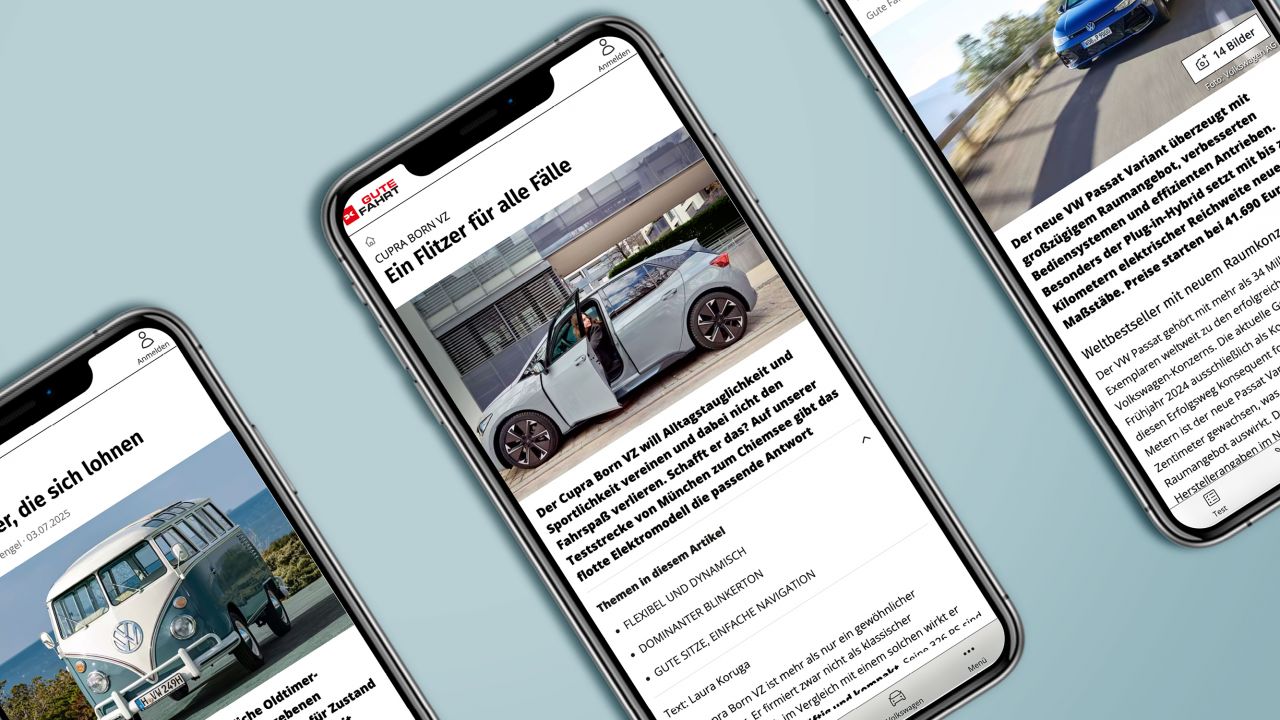 Drei Smartphones zeigen die für mobile Endgeräte optimierte Website des GUTE FAHRT Magazins.