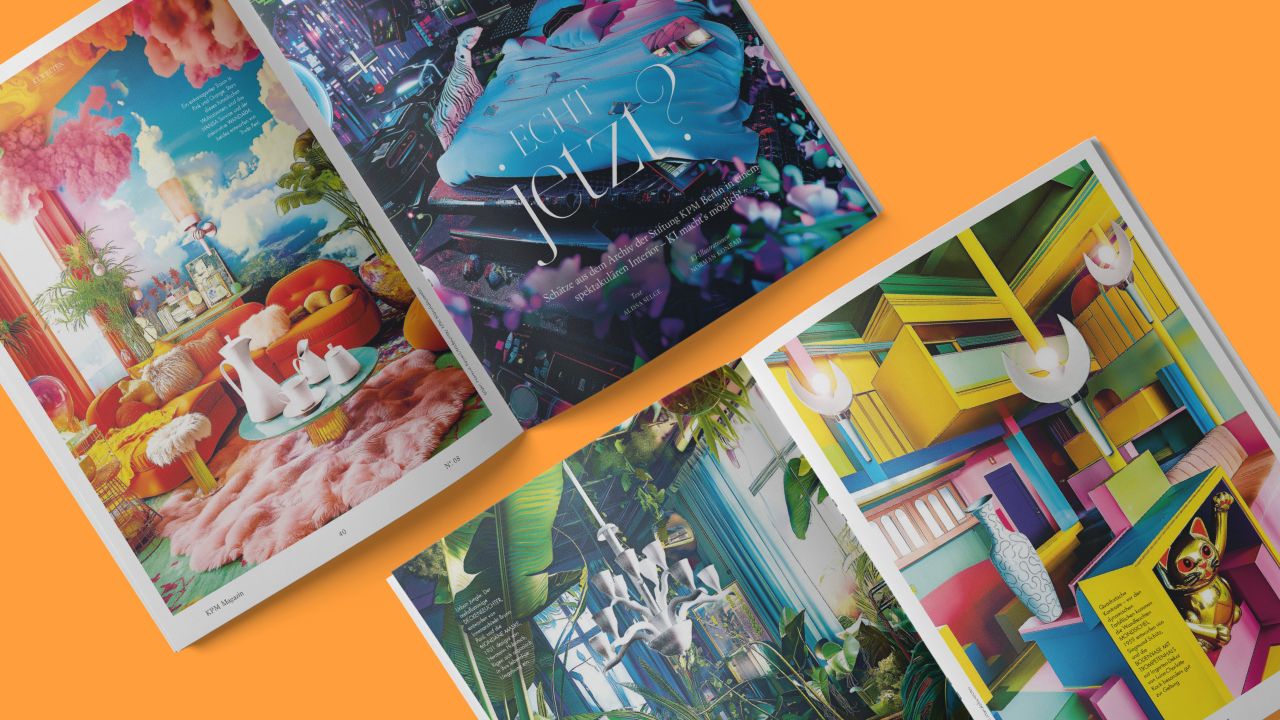 Zwei Doppelseiten mit KI-Illustrationen aus KPM Kundenmagazin WEISS Nr. 8 Zwei Doppelseiten mit KI-Illustrationen aus KPM Kundenmagazin WEISS Nr. 8