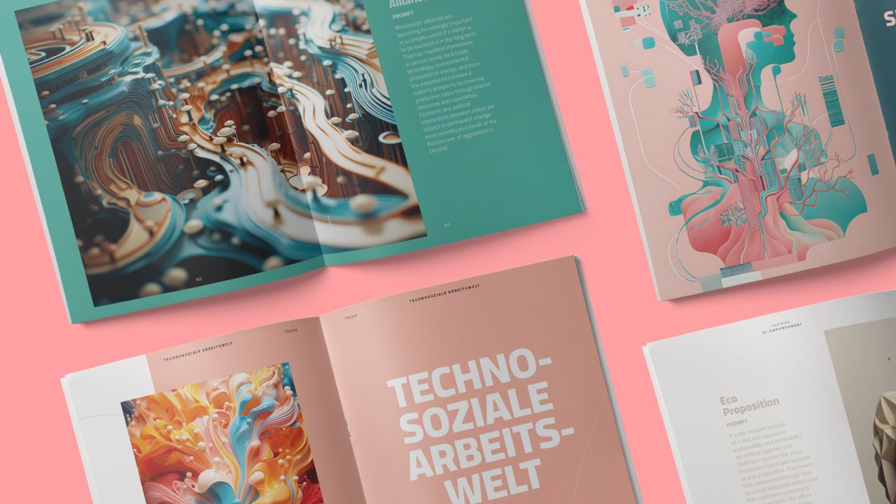 Several publications by the Zukunftsinstitut featuring AI-generated illustrations in abstract forms and bright colors