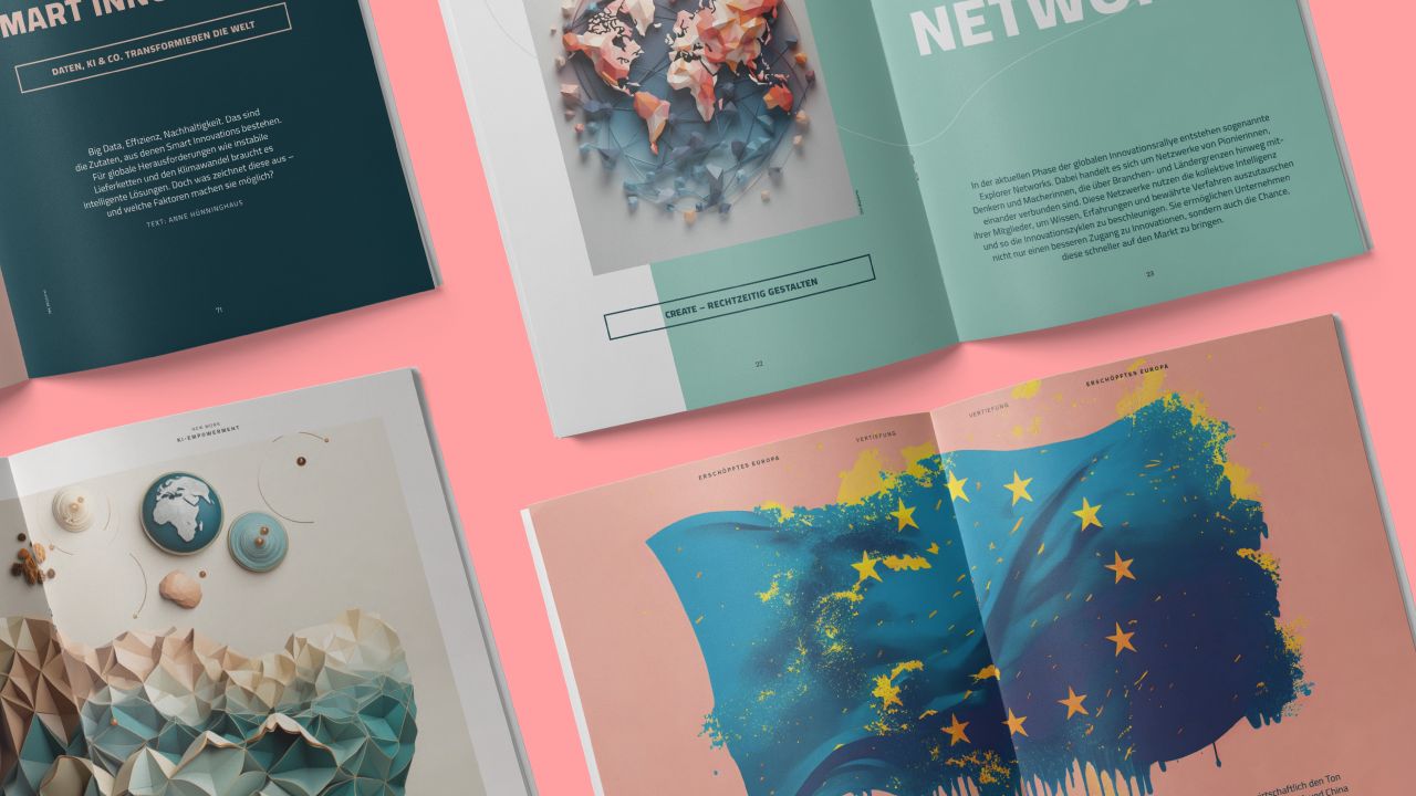 Several open publications from the Zukunftsinstitut with AI-generated visualizations, including a map and a waving European flag