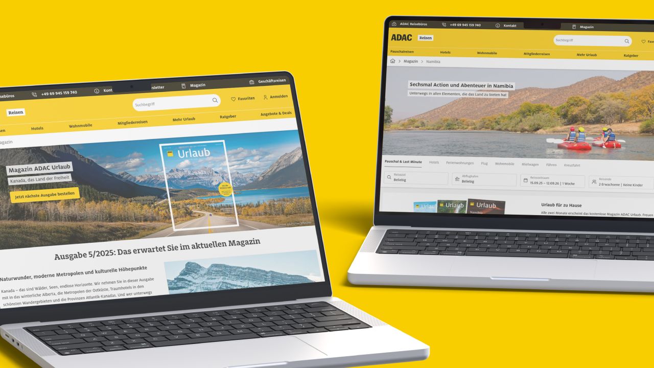 Two laptops placed side by side display the website of the travel magazine ADAC Urlaub and an article page about Namibia