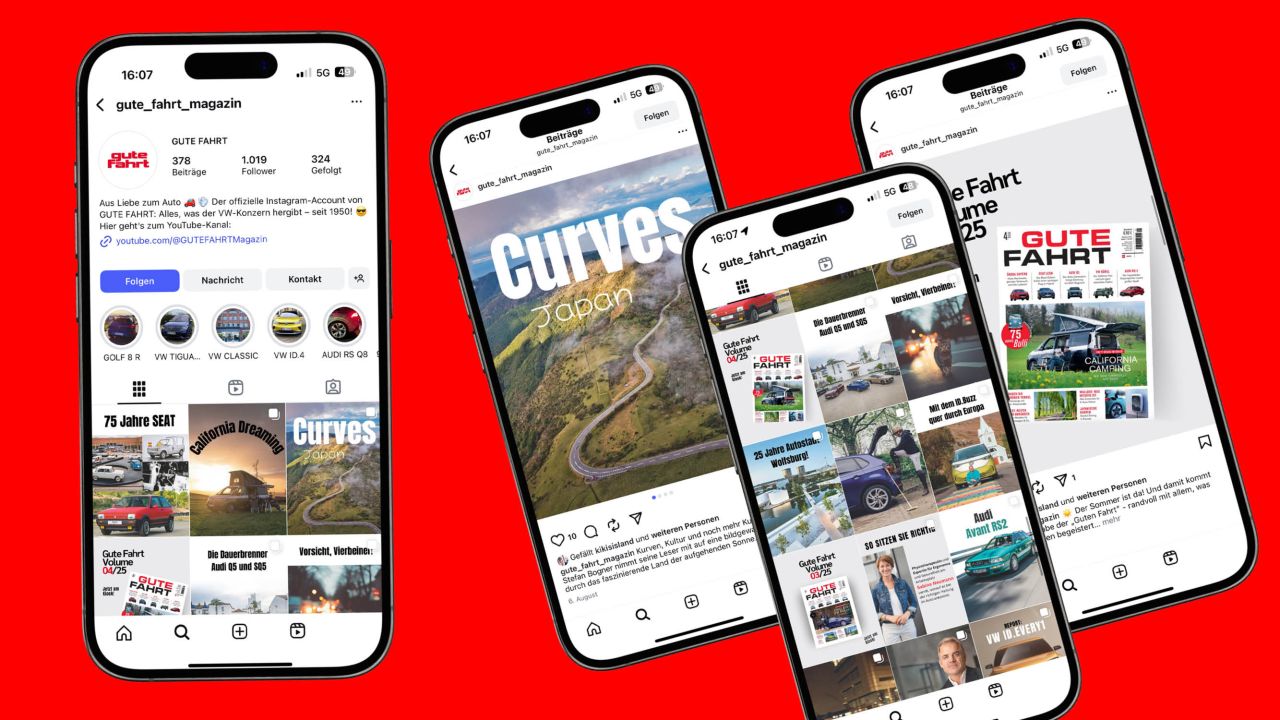 Vier Smartphones auf rotem Hintergrund, die verschiedene Ansichten des Instagram-Kanals @gute_fahrt_magazin zeigen. Vier Smartphones auf rotem Hintergrund, die verschiedene Ansichten des Instagram-Kanals @gute_fahrt_magazin zeigen.