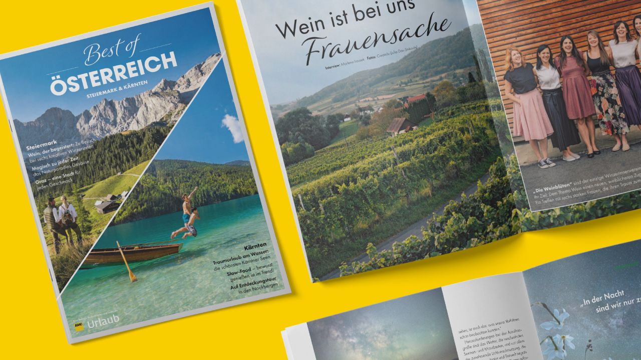 Cover and open double page of the “Best of Austria” supplement to the ADAC Urlaub travel magazine