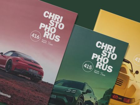 Three covers of “Christophorus – the Porsche Magazine” as print editions are displayed side by side.