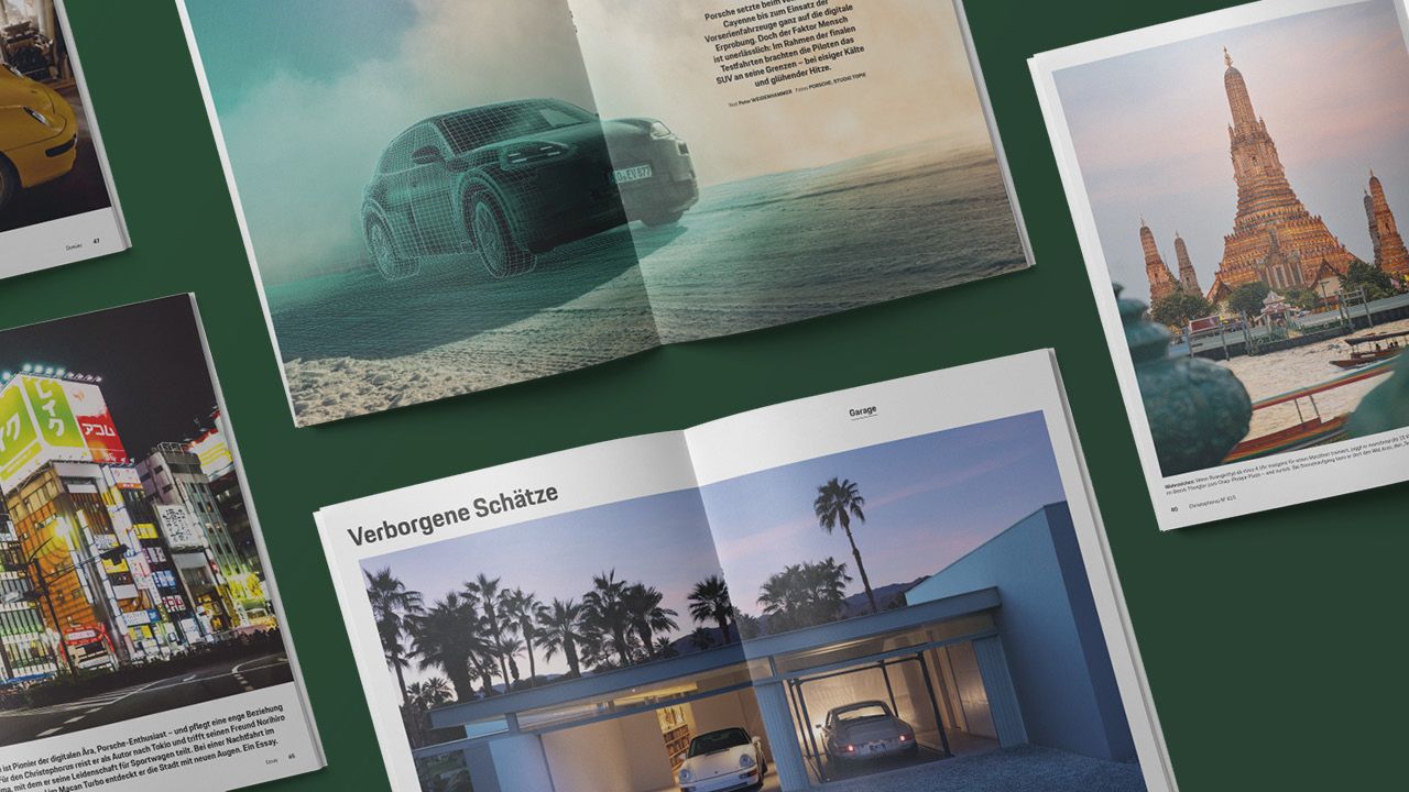 Mehrere Doppelseiten des Unternehmensmagazins "Christophorus – das Porsche-Magazin" mit Fotostrecken zu verschiedenen Porsche-Modellen
