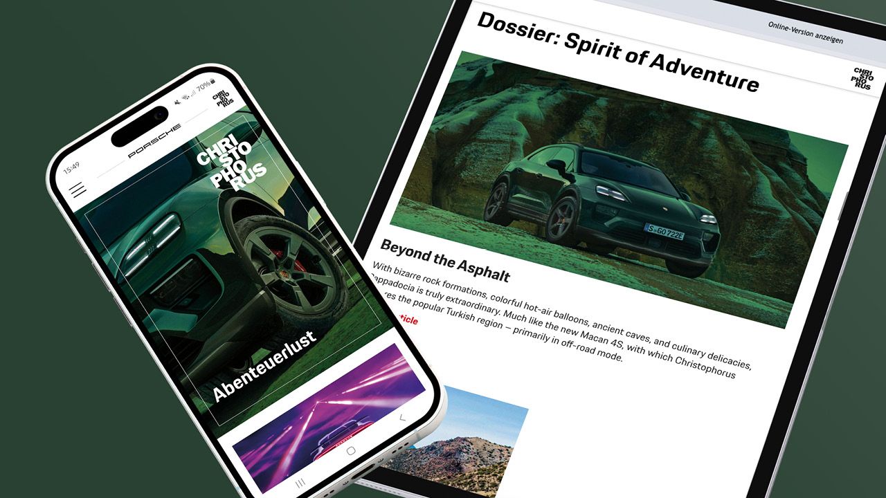Startseite der Website von "Christophorus – das Porsche-Magazin" auf einem Smartphone und einem Tablet dargestellt