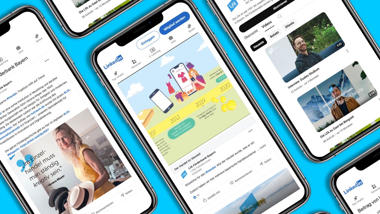 Mehrere iPhones auf blauem Hintergrund zeigen Social-Media-Posts der LfA Förderbank Bayern auf LinkedIn